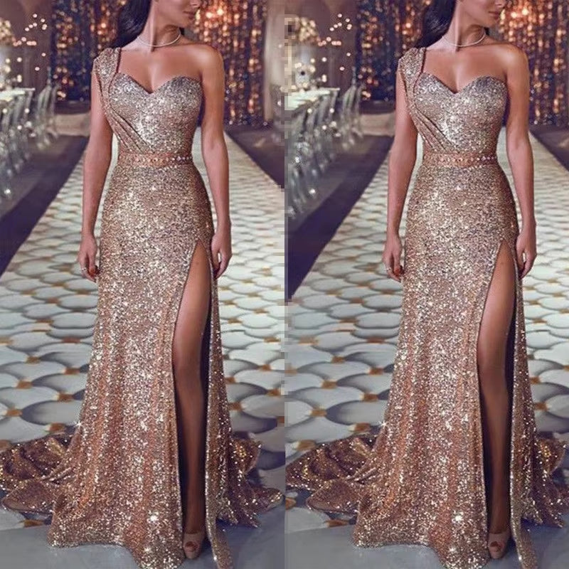 Elegant Wedding Party Dress for Women – Sexy Deep V-Neck One-Shoulder Sequined Sleeveless Long Maxi Dress