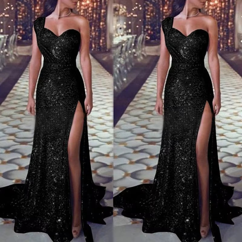 Elegant Wedding Party Dress for Women – Sexy Deep V-Neck One-Shoulder Sequined Sleeveless Long Maxi Dress