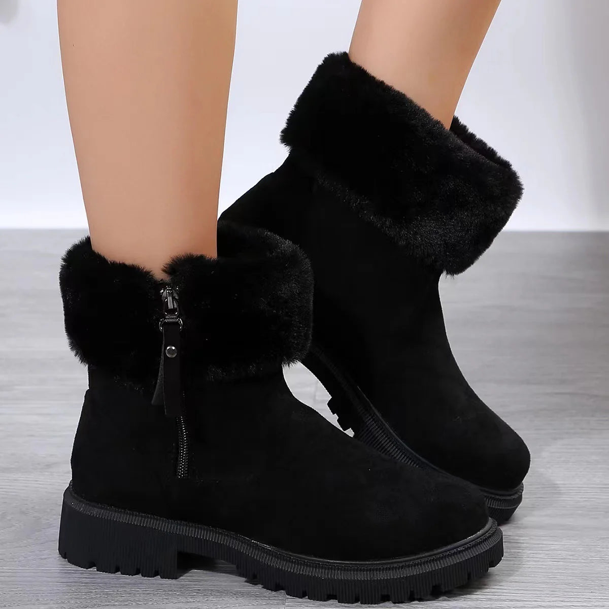 Warm Plush Winter Boots: Fashionable Side-Zipper Snow Boots for Women – Thickened Outdoor Low-Heeled Shoes