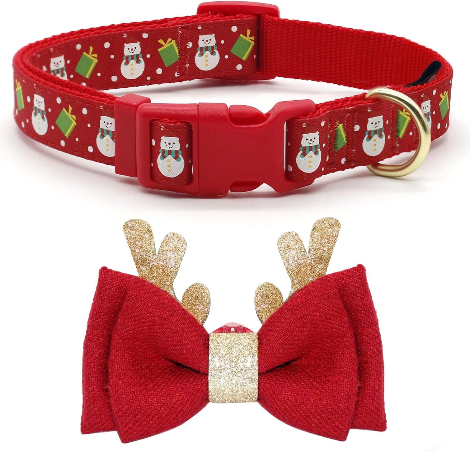 Adjustable Christmas Dog Collar with Antler Bow Tie & Snowman Design - Festive Collar for Medium Dogs