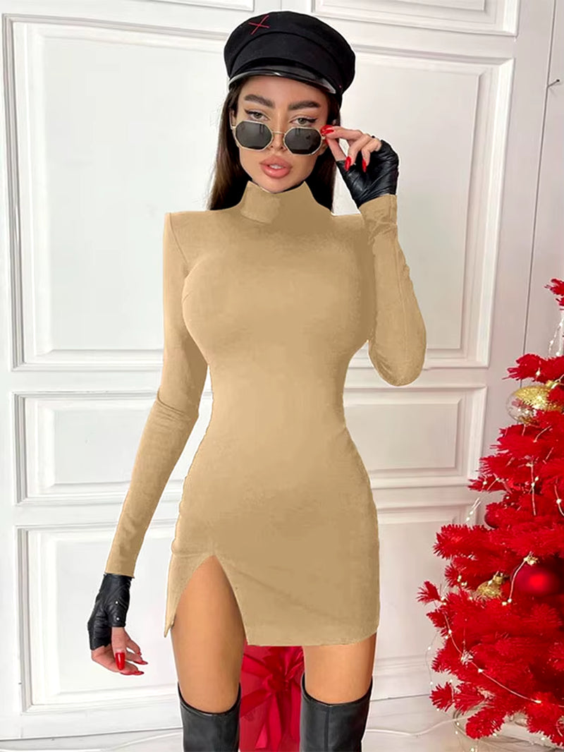 Women’s Black Long Sleeve Bodycon Mini Dress – Slim Fit Solid Color Spring & Autumn 2024 Streetwear