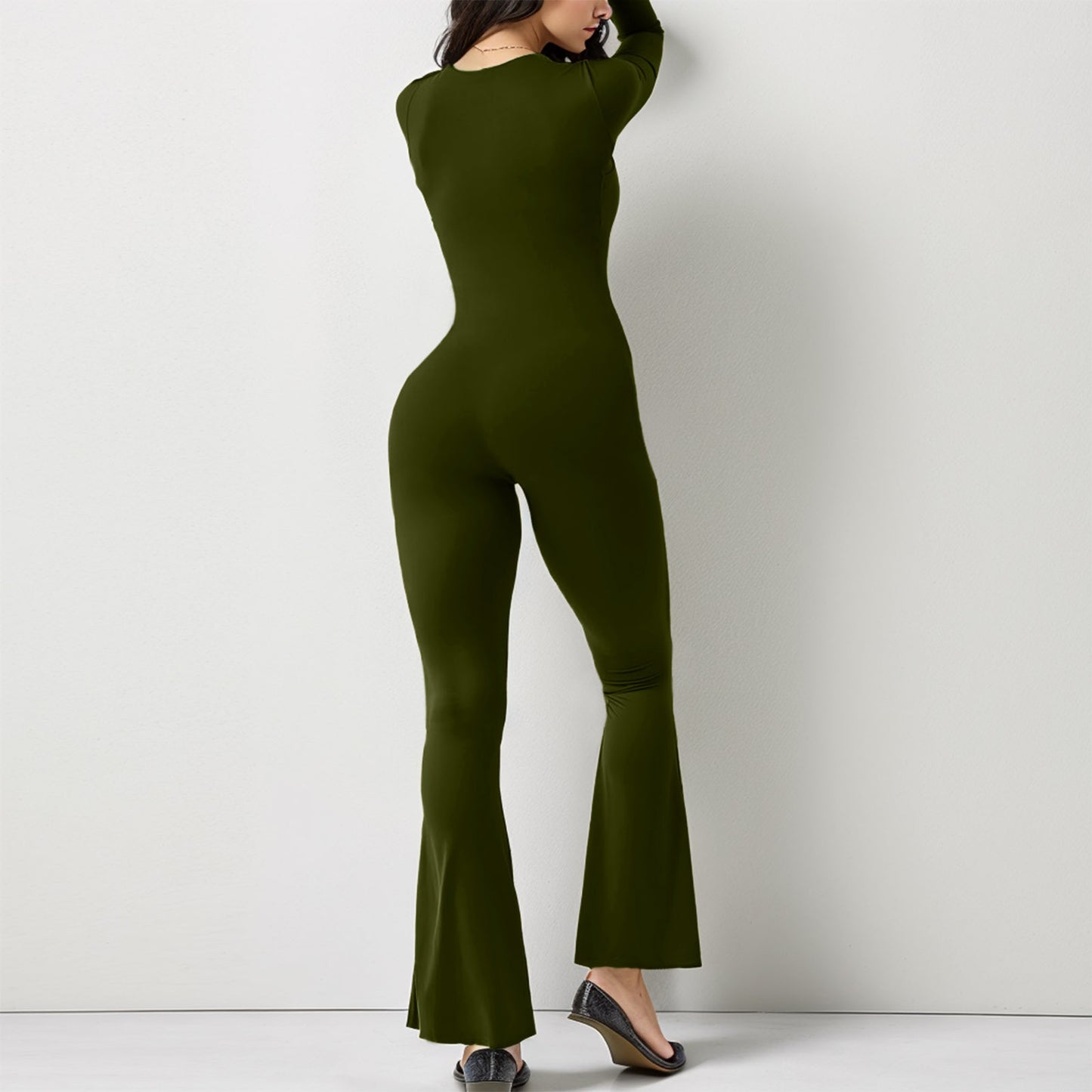 Women's Long Sleeve Waist Shaping & Hip Lift Jumpsuit - Square Collar, Wide Leg, High Elastic Fit