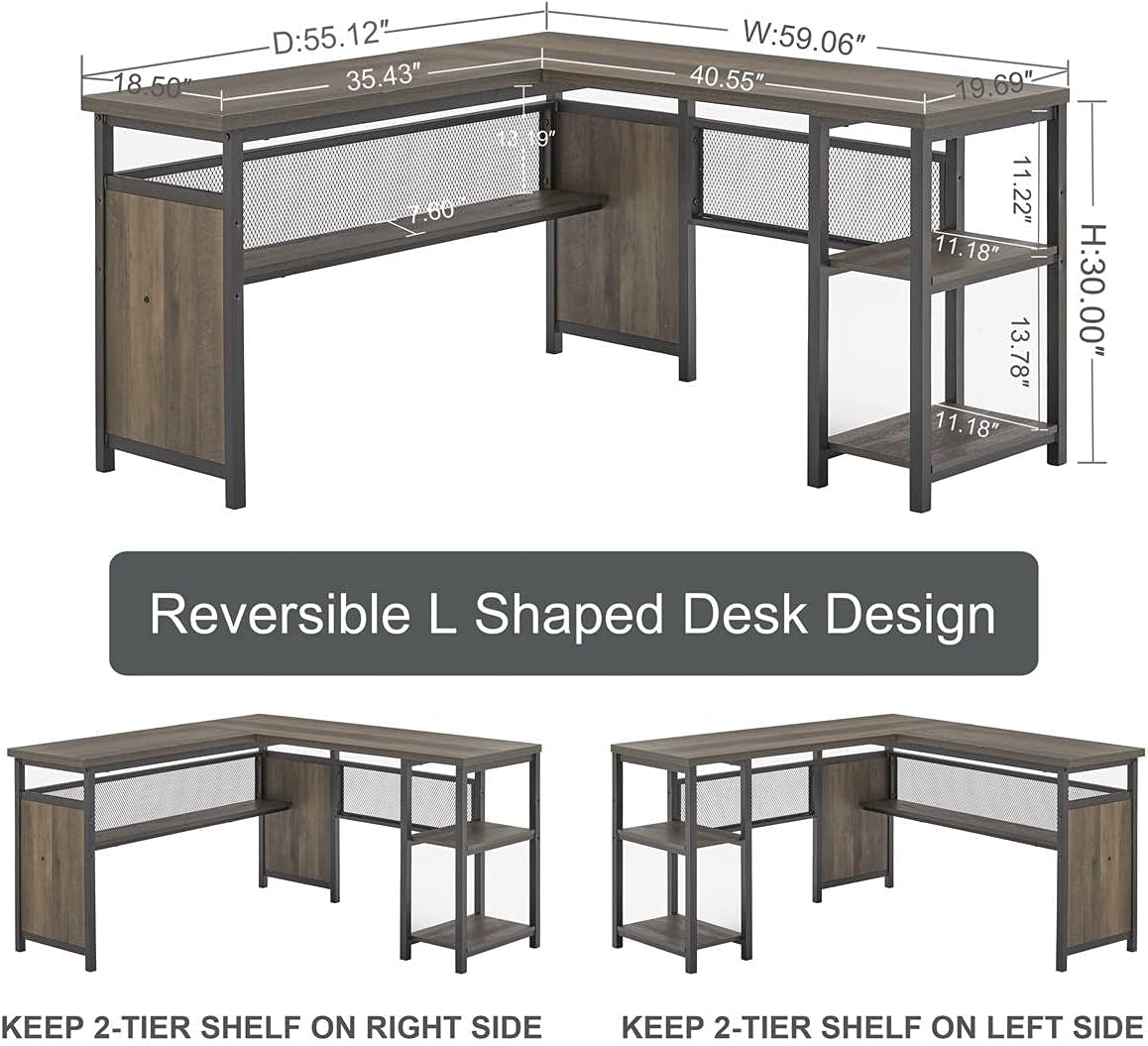 L-Shaped Industrial Computer Desk | Reversible 59" Home Office Desk with Shelves - Walnut Brown