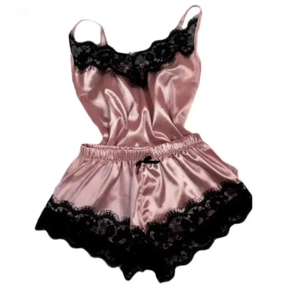 Women Sexy Pajama Suit V-Neck Stretch Satin Babydoll Lace Lingerie Bowknot Pyjamas Sleep Shorts Set Sleepwear