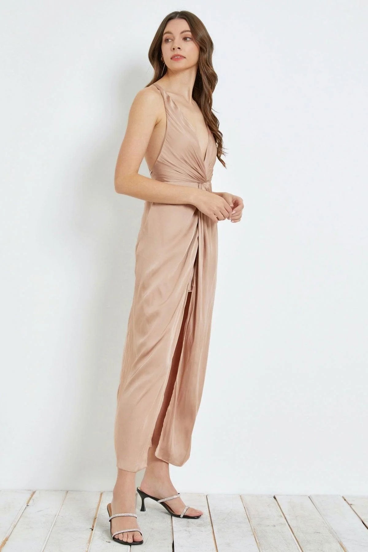 Elegant Front Twist Open Tie Back Dress with Front Slit – Chic & Timeless