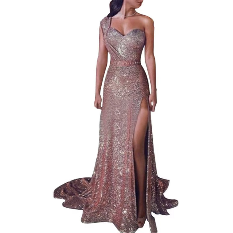 Elegant Wedding Party Dress for Women – Sexy Deep V-Neck One-Shoulder Sequined Sleeveless Long Maxi Dress