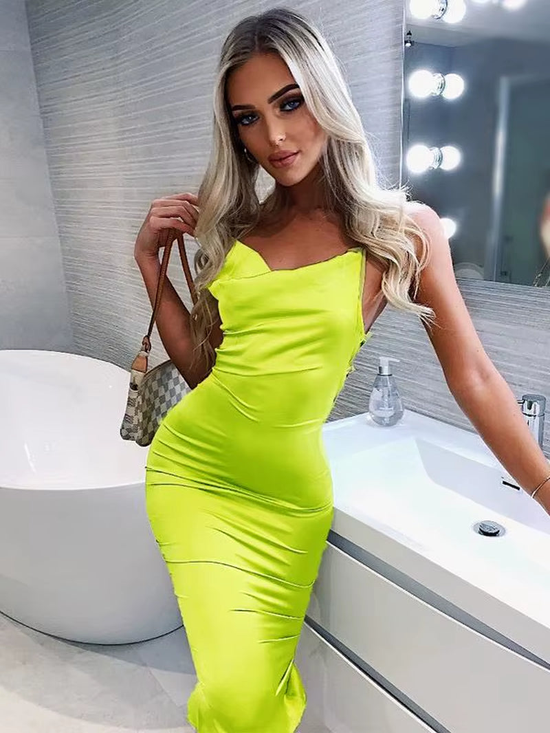 Neon Satin Lace-Up Bodycon Dress - 2023 Summer Backless Midi for Party & Club