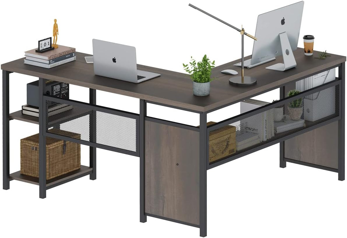 L-Shaped Industrial Computer Desk | Reversible 59" Home Office Desk with Shelves - Walnut Brown