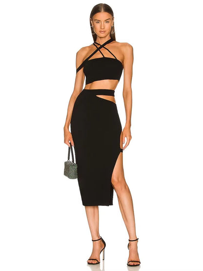 Women's Bandage Suit – Sexy 2-Piece Cut-Out Crop Top & Midi Skirt Party Outfit