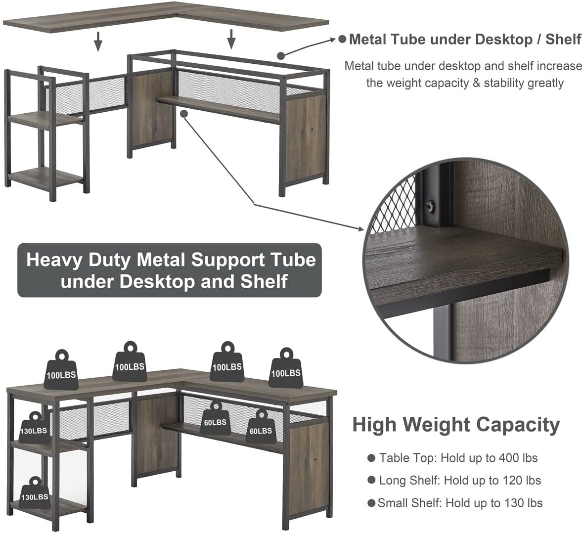 L-Shaped Industrial Computer Desk | Reversible 59" Home Office Desk with Shelves - Walnut Brown