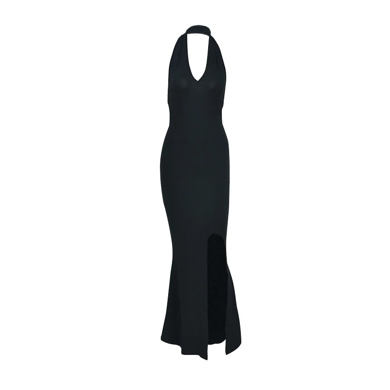 Elegant A-Line Summer V-Neck Backless Halter Dress - Sexy Floor-Length Split Clubwear