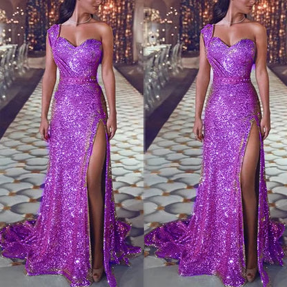 Elegant Wedding Party Dress for Women – Sexy Deep V-Neck One-Shoulder Sequined Sleeveless Long Maxi Dress