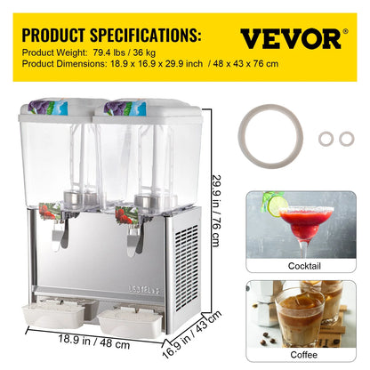 VEVOR 110V Commercial Beverage Dispenser – 9.5 Gallon (36L), 2-Tank Juice Dispenser with Thermostat, 18L Per Tank, 300W Stainless Steel