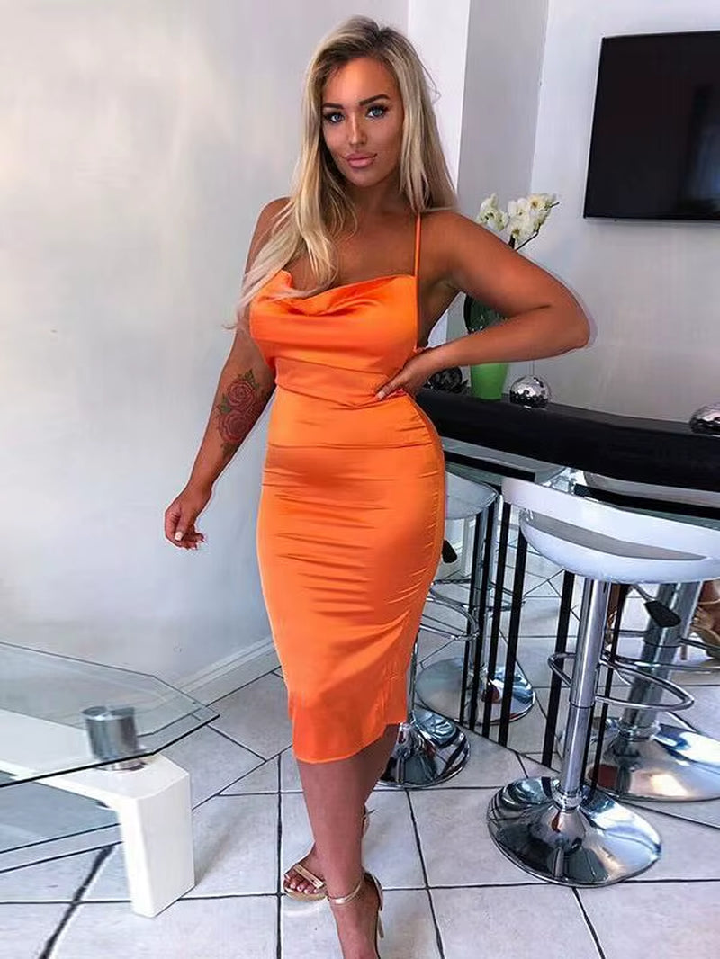 Neon Satin Lace-Up Bodycon Dress - 2023 Summer Backless Midi for Party & Club