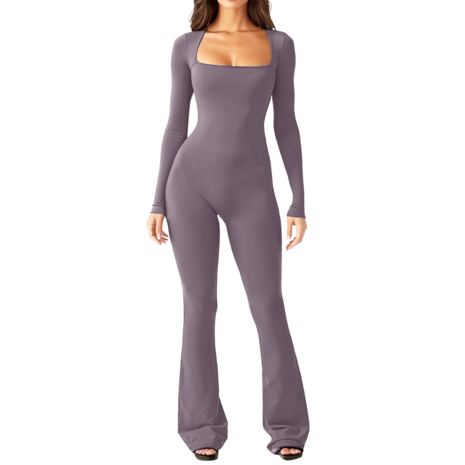 Women's Long Sleeve Waist Shaping & Hip Lift Jumpsuit - Square Collar, Wide Leg, High Elastic Fit