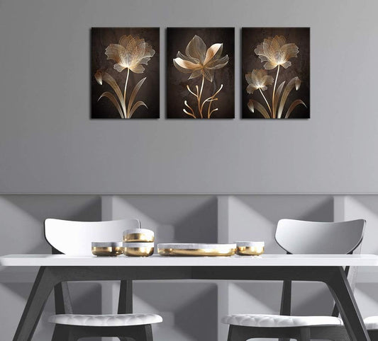 Abstract Wall Art Brown Flowers | Minimalist Canvas Flower Artwork for Bedroom, Bathroom, Living Room Decor - 12" x 16" x 3 Pieces