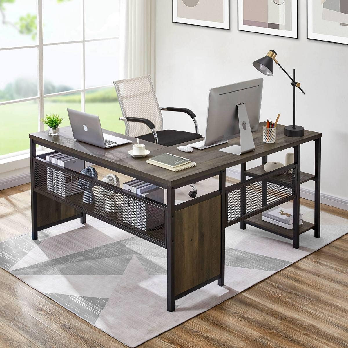 L-Shaped Industrial Computer Desk | Reversible 59" Home Office Desk with Shelves - Walnut Brown