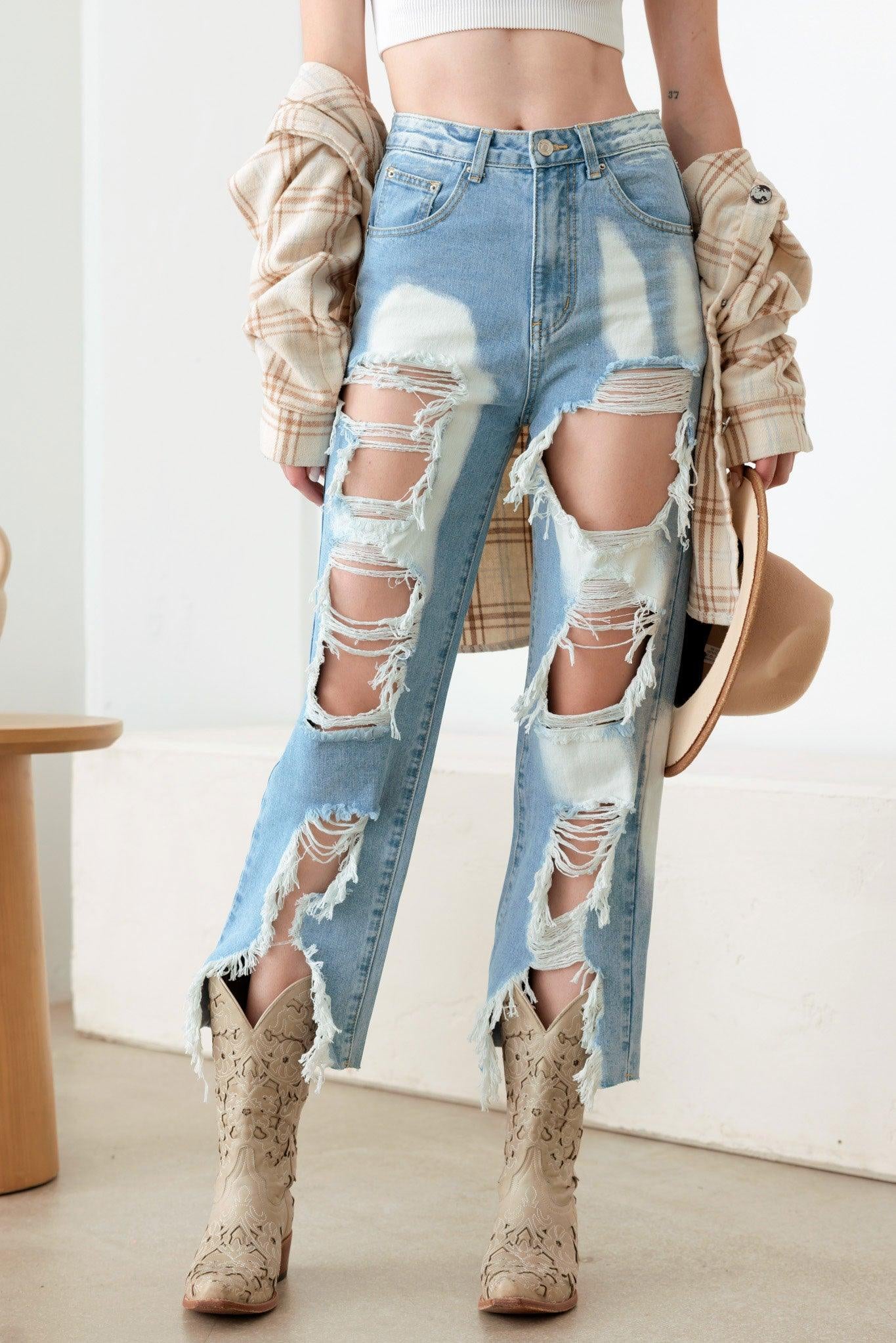 Light Blue Distressed Jeans | Stylish Cut Denim for Trendy Looks