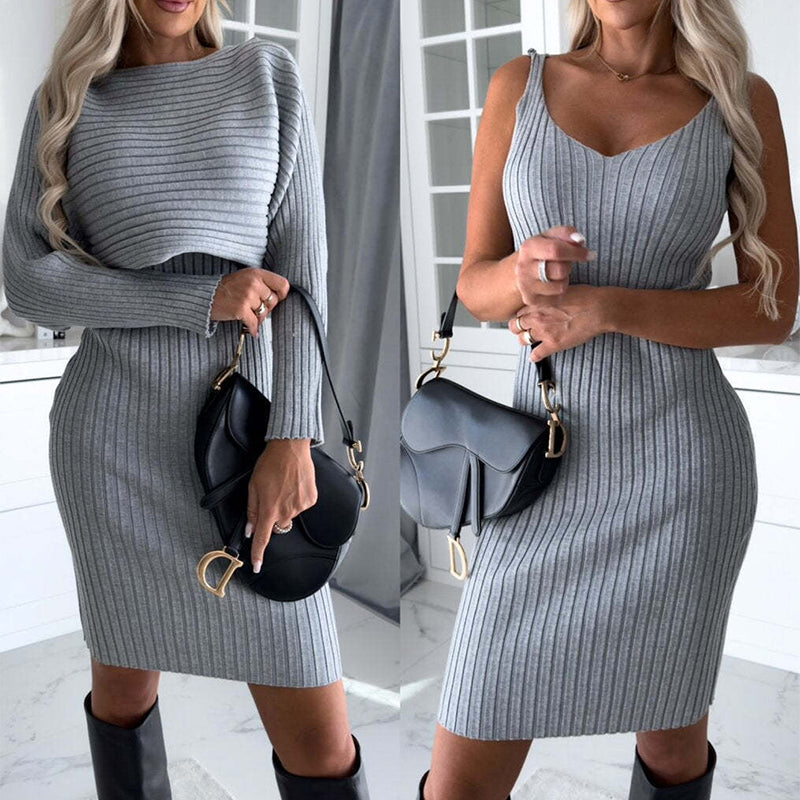 2-Piece Women's Suit - Solid Stripe Long-Sleeve Top & Tight Suspender Skirt | Fashion Slim Fit Autumn Winter Outfit