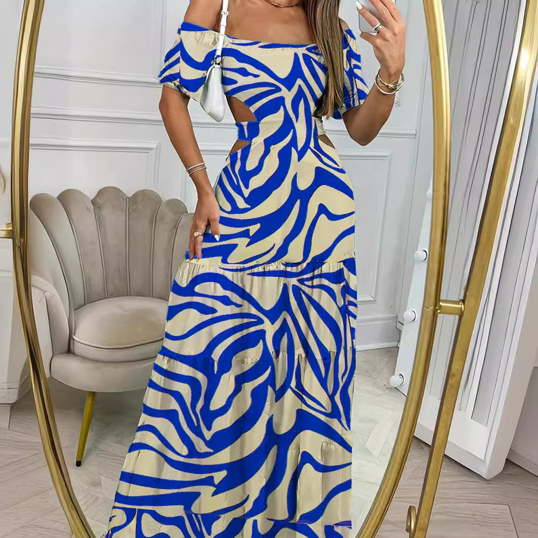 Elegant Printed One-Line Collar Summer Dress – Short-Sleeved Long Dress with Hollow Waist Design