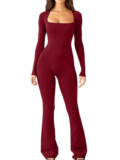 Women's Long Sleeve Waist Shaping & Hip Lift Jumpsuit - Square Collar, Wide Leg, High Elastic Fit