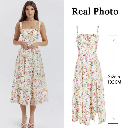 Women'S Summer Floral Print Dresses Sweet Elegant Midi Holiday Dress Casual Slit Blue Lace up Dresses 2023