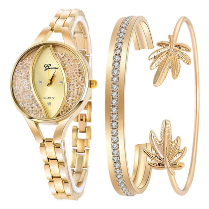 Women's Diamond Wristwatch & Bangle Bracelet Jewelry Set - Elegant Analog Quartz Watch for Ladies