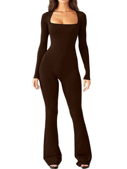 Women's Long Sleeve Waist Shaping & Hip Lift Jumpsuit - Square Collar, Wide Leg, High Elastic Fit