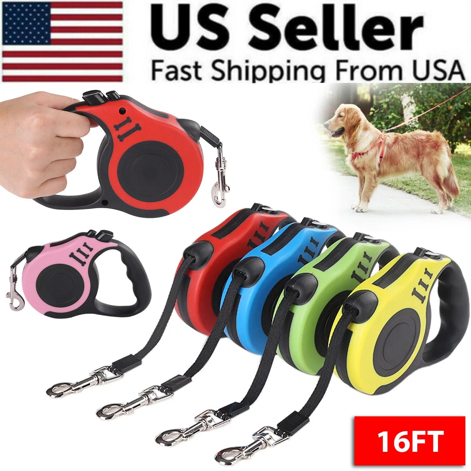 16.5FT Automatic Retractable Dog Leash – Durable Pet Collar Walking Lead