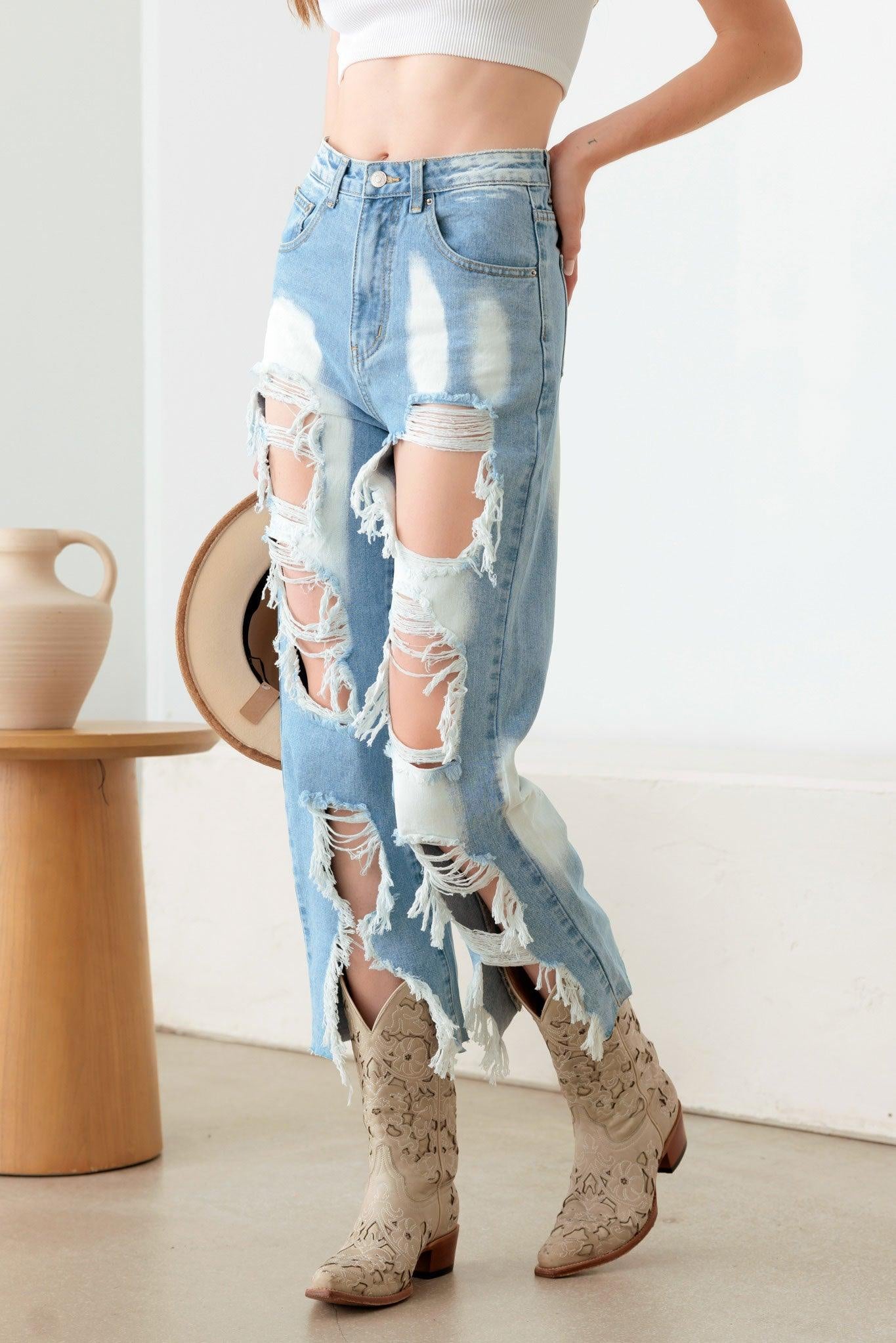 Light Blue Distressed Jeans | Stylish Cut Denim for Trendy Looks