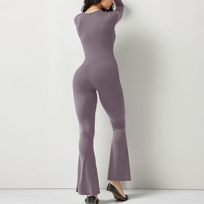 Women's Long Sleeve Waist Shaping & Hip Lift Jumpsuit - Square Collar, Wide Leg, High Elastic Fit