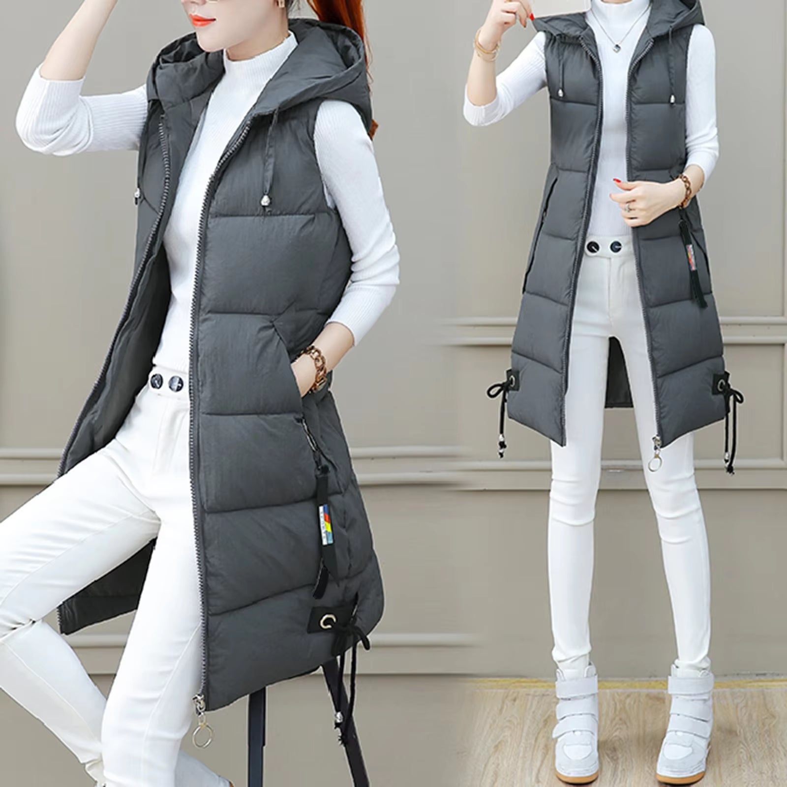 Stylish Women’s Solid Hooded Vest – Zipper Pockets, Sleeveless Jacket