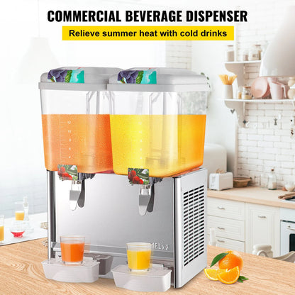 VEVOR 110V Commercial Beverage Dispenser – 9.5 Gallon (36L), 2-Tank Juice Dispenser with Thermostat, 18L Per Tank, 300W Stainless Steel