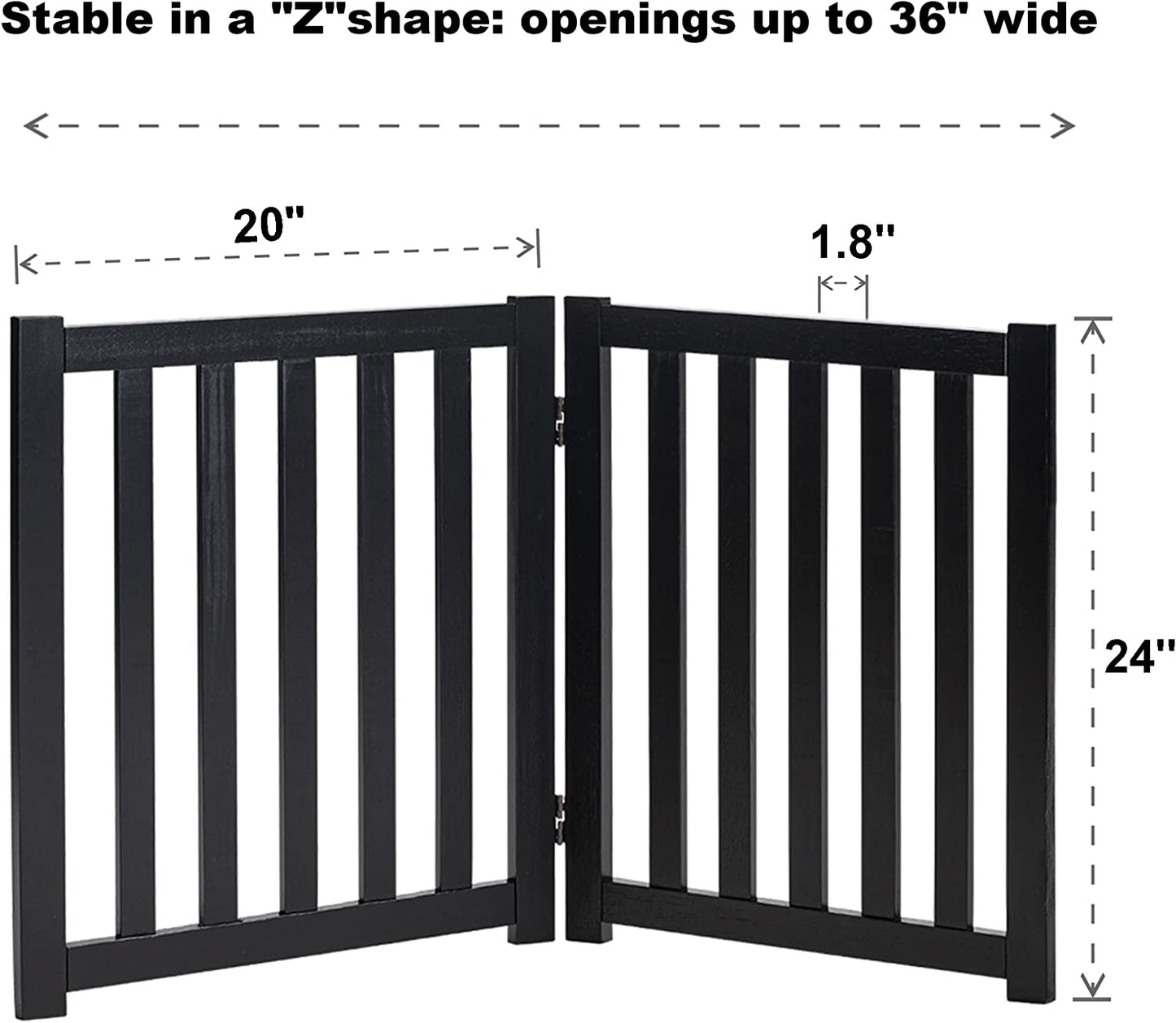 Solid Hardwood Freestanding Pet Gate – Wooden Dog Gate for Doorways, Stairs & Indoor Safety, 24” Height, 2 Panels, Black