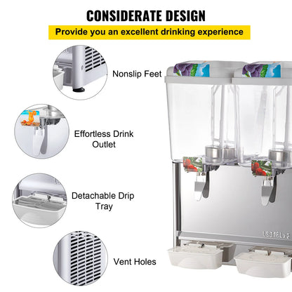 VEVOR 110V Commercial Beverage Dispenser – 9.5 Gallon (36L), 2-Tank Juice Dispenser with Thermostat, 18L Per Tank, 300W Stainless Steel