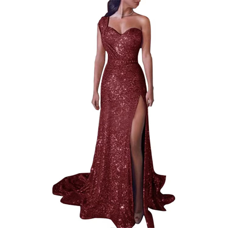 Elegant Wedding Party Dress for Women – Sexy Deep V-Neck One-Shoulder Sequined Sleeveless Long Maxi Dress