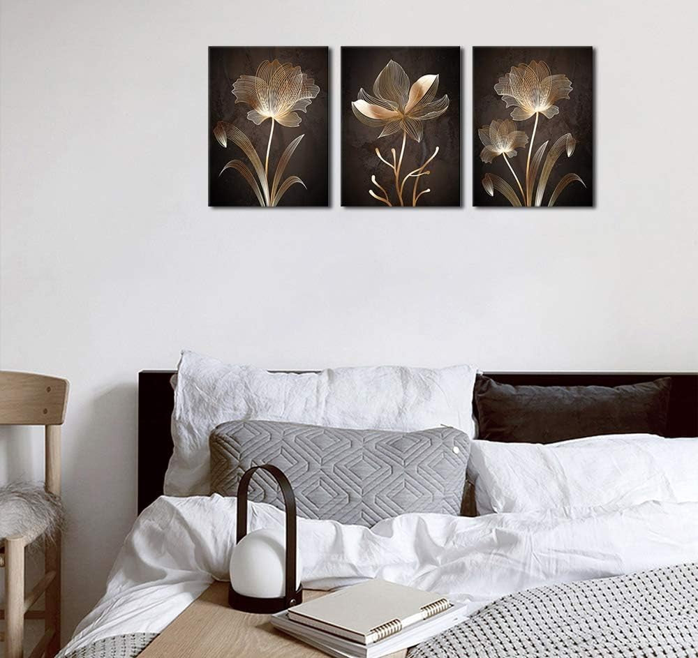 Abstract Wall Art Brown Flowers | Minimalist Canvas Flower Artwork for Bedroom, Bathroom, Living Room Decor - 12" x 16" x 3 Pieces