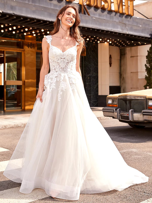 Luxury Lace Wedding Dress – Cup Sleeves Illusion Top Tulle Ball Gown with Train