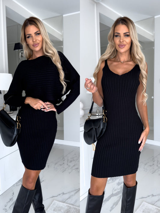 2-Piece Women's Suit - Solid Stripe Long-Sleeve Top & Tight Suspender Skirt | Fashion Slim Fit Autumn Winter Outfit