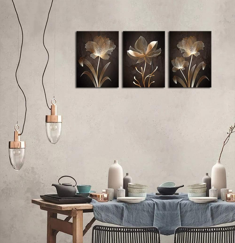 Abstract Wall Art Brown Flowers | Minimalist Canvas Flower Artwork for Bedroom, Bathroom, Living Room Decor - 12" x 16" x 3 Pieces