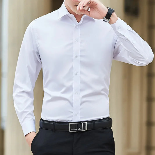 Plus Size Men's Solid Color Slim Fit White Business Shirt – Classic Long Sleeve Fashion