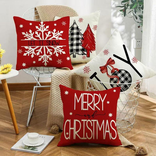 Christmas Themed Cushion Covers - Set of 4 | Merry Christmas, Snowflake & Tree Patterns | Festive Home Decor Without Filler