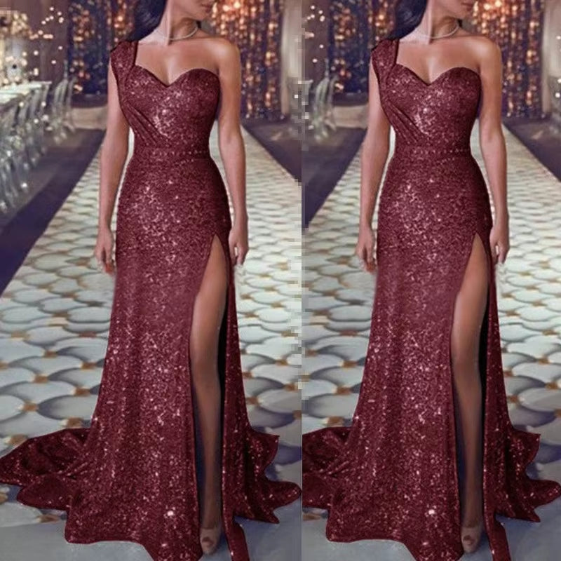 Elegant Wedding Party Dress for Women – Sexy Deep V-Neck One-Shoulder Sequined Sleeveless Long Maxi Dress