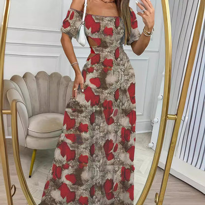 Elegant Printed One-Line Collar Summer Dress – Short-Sleeved Long Dress with Hollow Waist Design