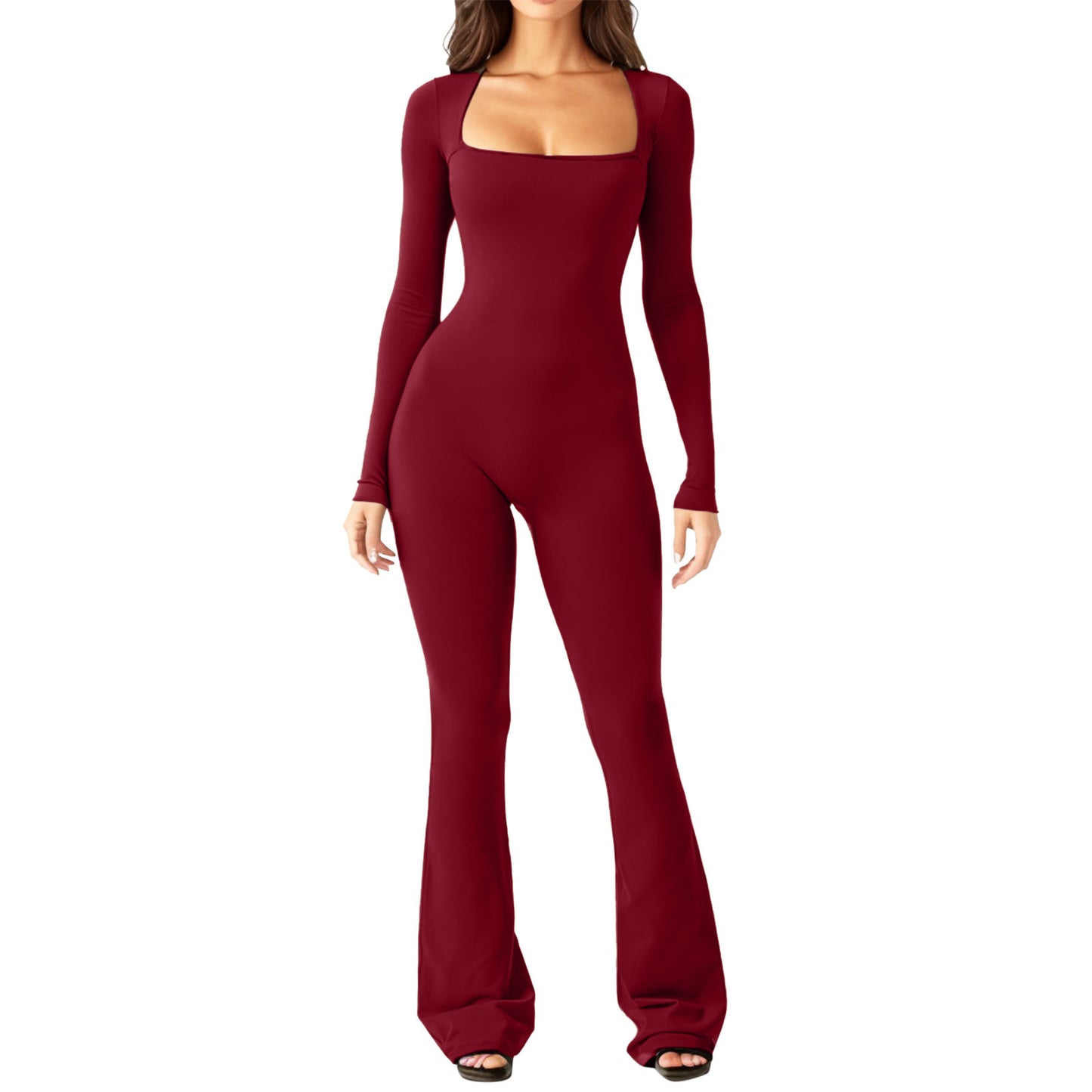 Women's Long Sleeve Waist Shaping & Hip Lift Jumpsuit - Square Collar, Wide Leg, High Elastic Fit