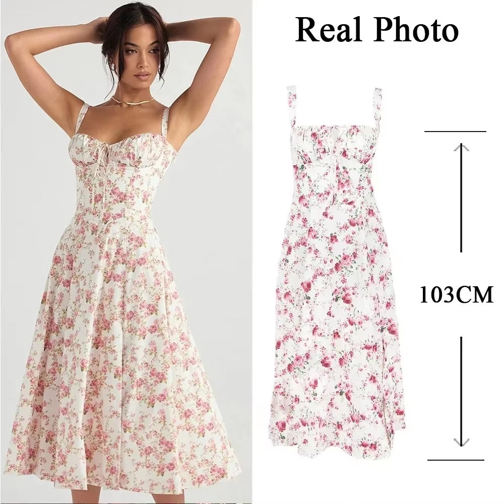 Women'S Summer Floral Print Dresses Sweet Elegant Midi Holiday Dress Casual Slit Blue Lace up Dresses 2023