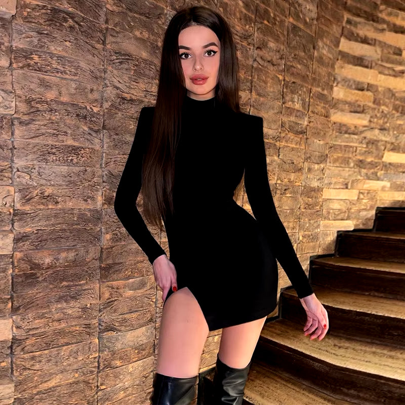 Women’s Black Long Sleeve Bodycon Mini Dress – Slim Fit Solid Color Spring & Autumn 2024 Streetwear