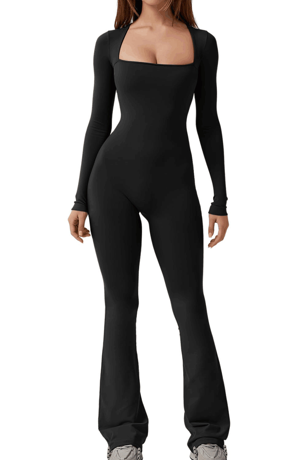 Women's Long Sleeve Waist Shaping & Hip Lift Jumpsuit - Square Collar, Wide Leg, High Elastic Fit