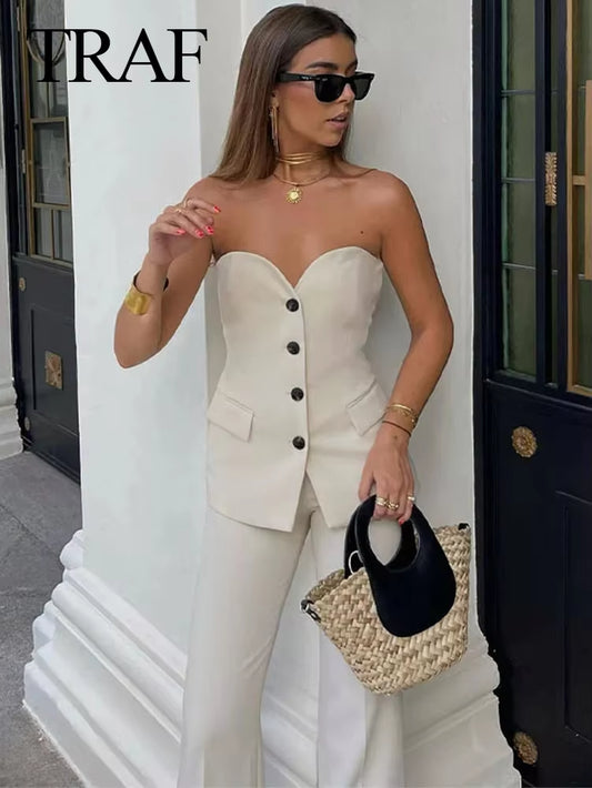 Elegant Women’s Solid Pant Suit - Off-Shoulder Tube Top & Straight Trousers