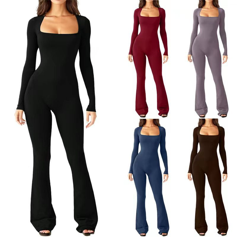 Women's Long Sleeve Waist Shaping & Hip Lift Jumpsuit - Square Collar, Wide Leg, High Elastic Fit